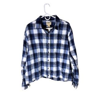 Blue Mountain Plaid Flannel Raw Hem Button-Up Shirt | Size L